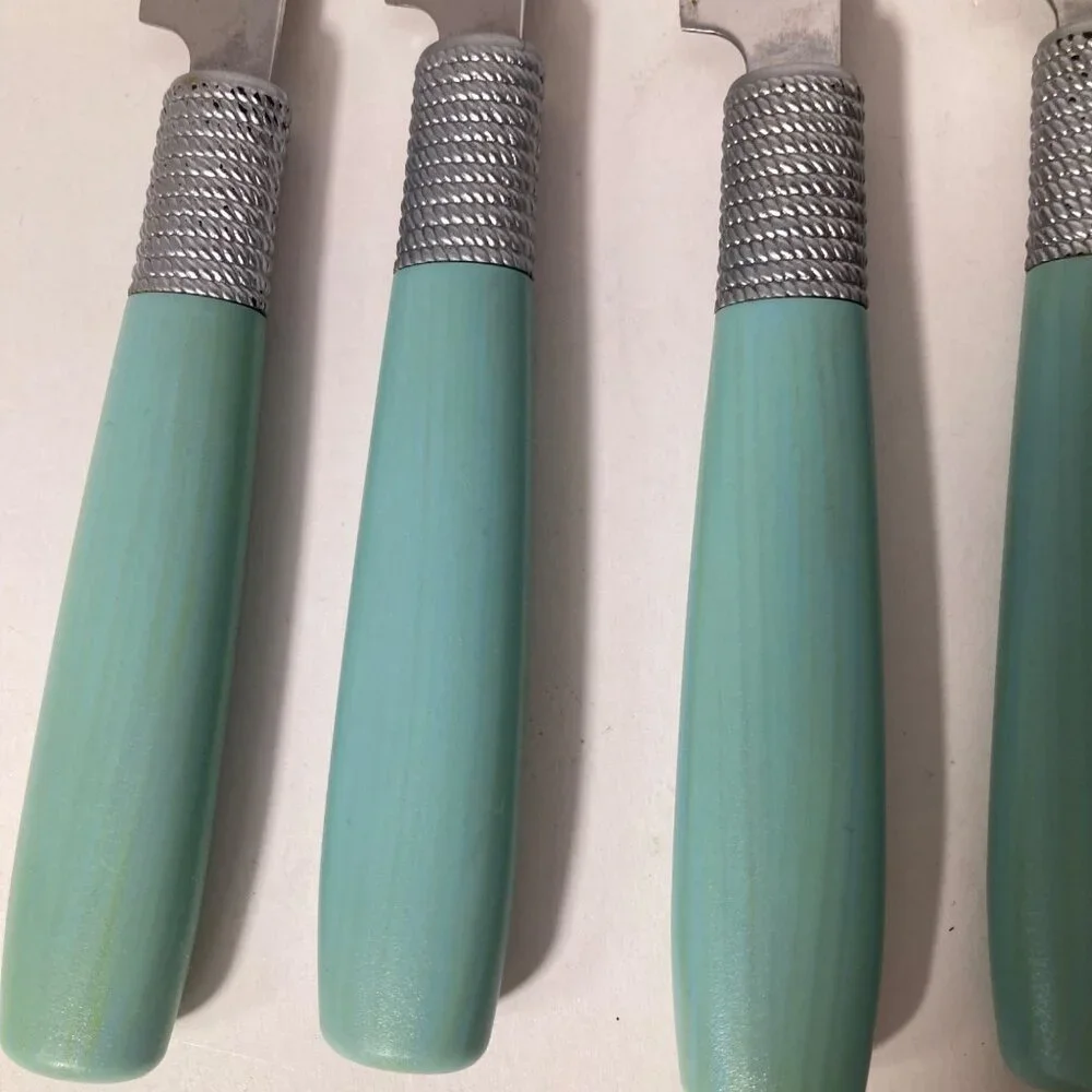 6 - Vintage Cambridge Dinner Knives Green Stainless‎ Flatware Plastic Handle 9